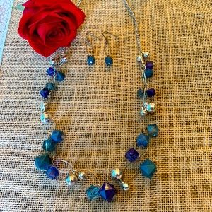 Long blue silver necklace & earrings